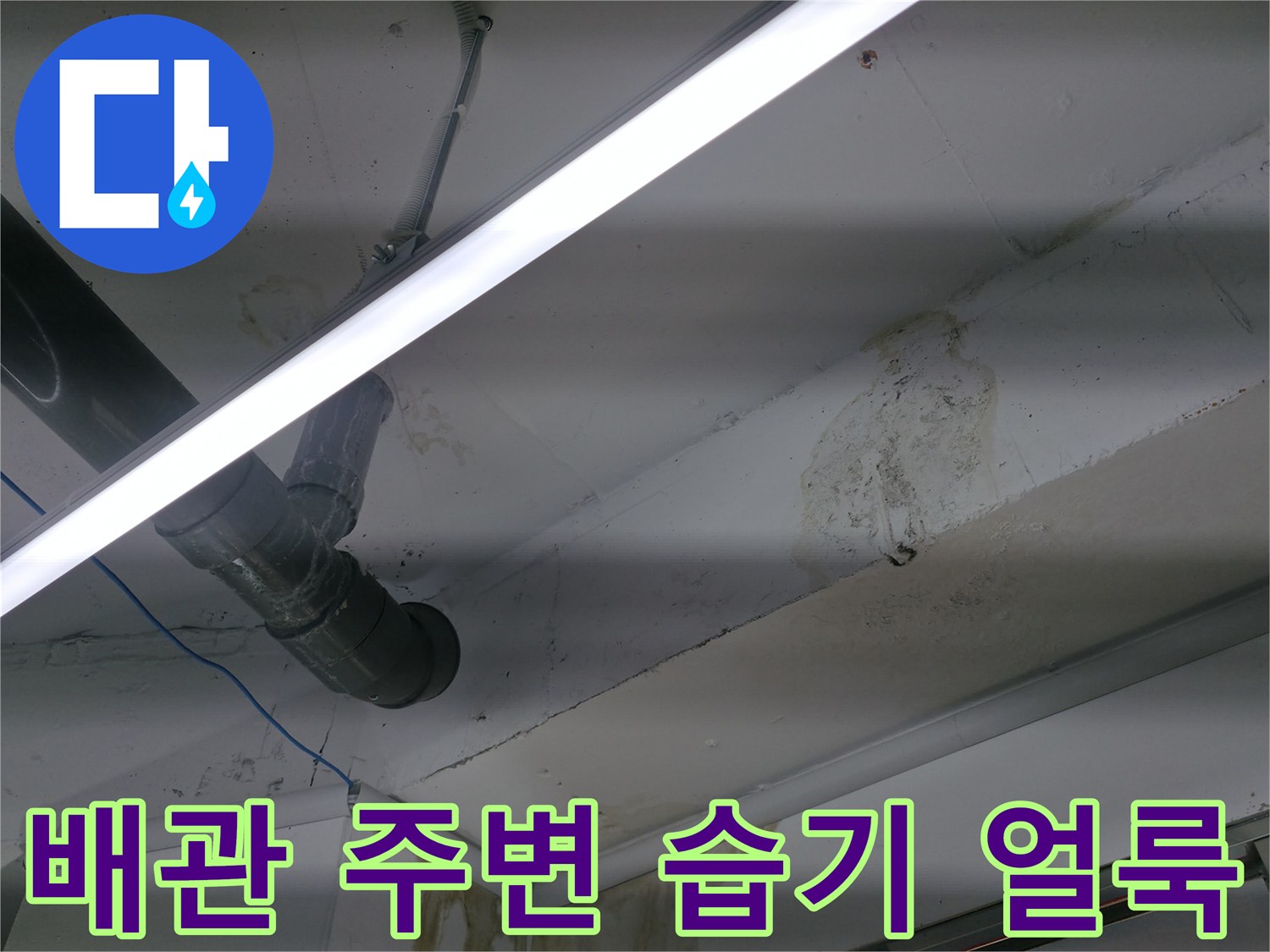 천장 배관의 누수 흔적과 젖은 마감재 부위