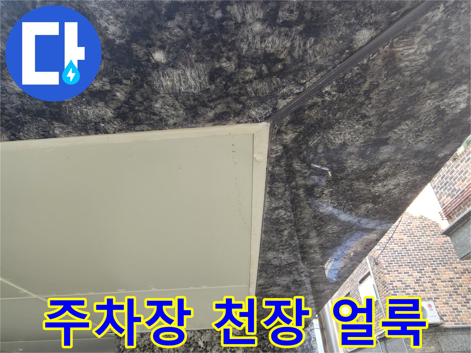 천장 마감재 경계 부분의 물맺힘 및 누수 흔적 사진