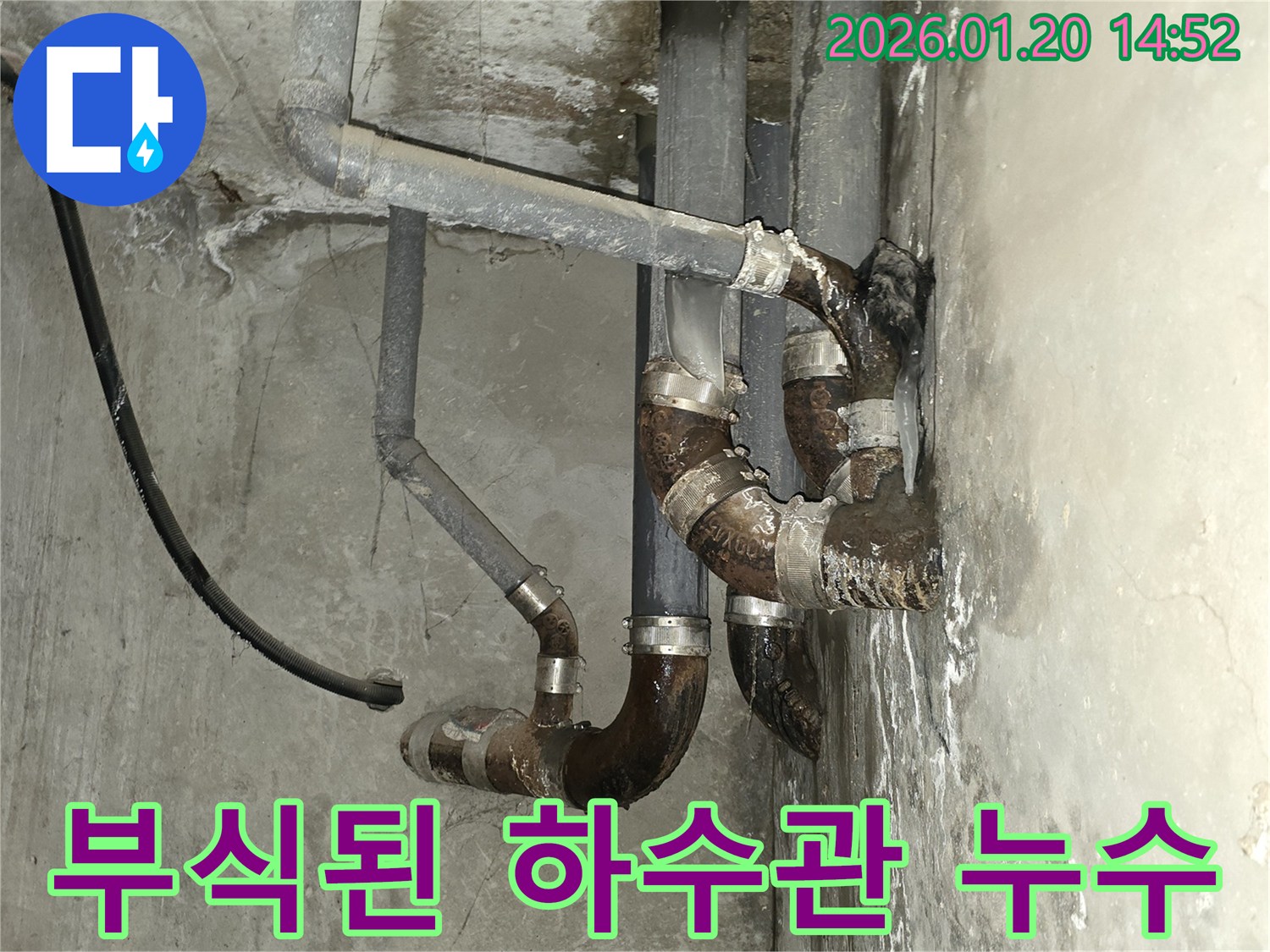 마포구 용강동 현장-오래된 하수관에서 발생한 심각한 누수-부식으로 인해 배관이 손상된 모습