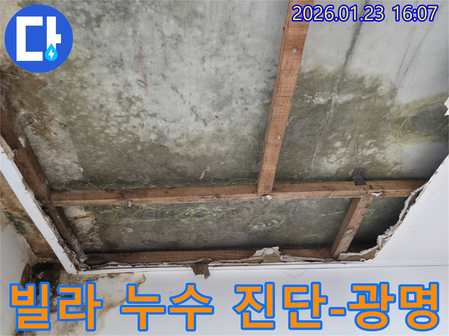 광명시 빌라 누수 진단 중-천장 마감재가 제거되고-콘크리트 슬라브에 물자국이 선명한 현장