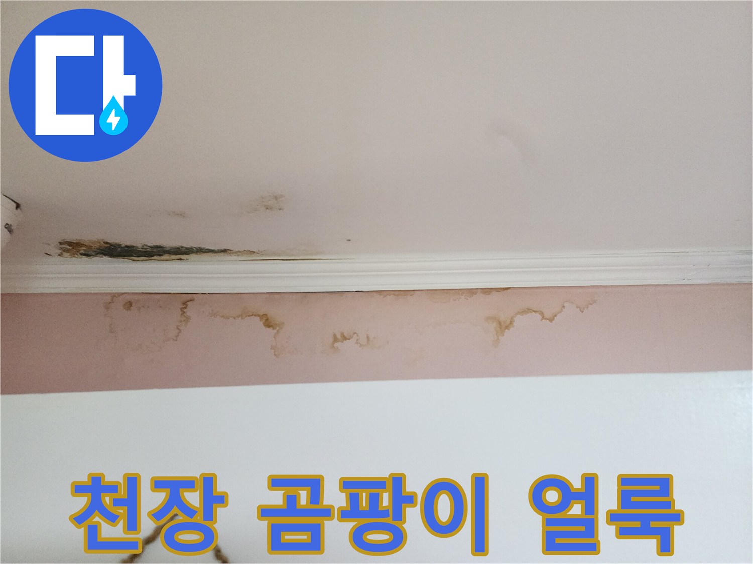 천장과 벽면 경계에 나타난 누런색 누수 흔적