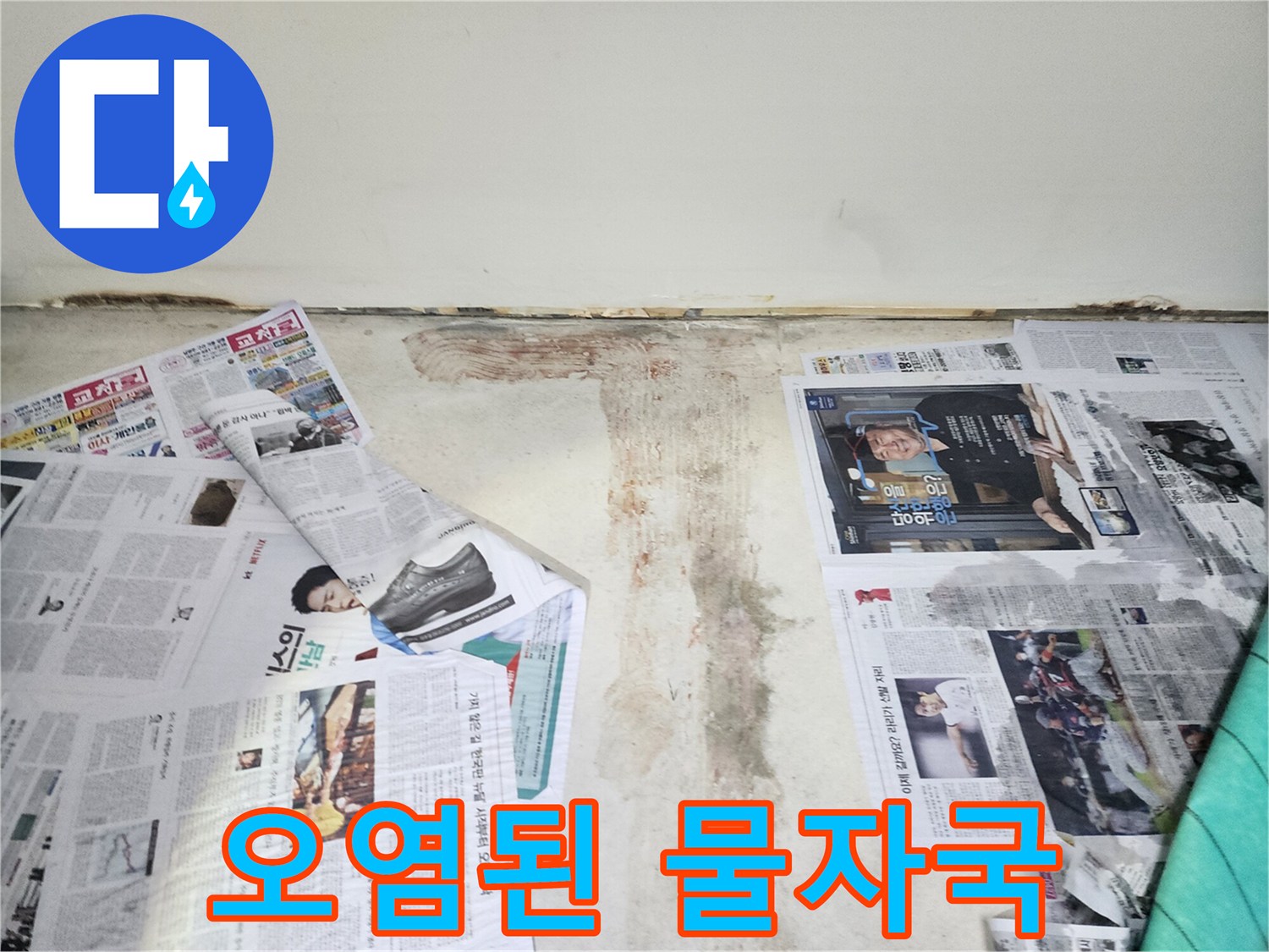 벽에 생긴 어둡고 오염된 물자국-위생 문제를 야기할 수 있습니다.