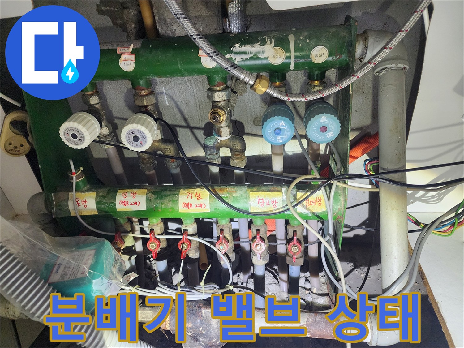 녹색 분배기에 연결된 다양한 규격의 밸브와 배관 구조