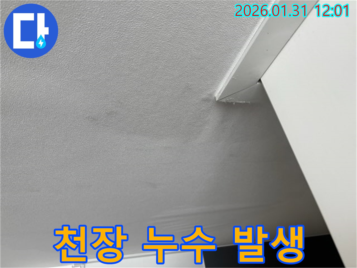 천장 누수 발생 - 천장에 누수가 발생한 모습입니다. 누수는 건물에 심각한 손상을 초래할 수 있으므로 신속한 대처가 필요합니다.
