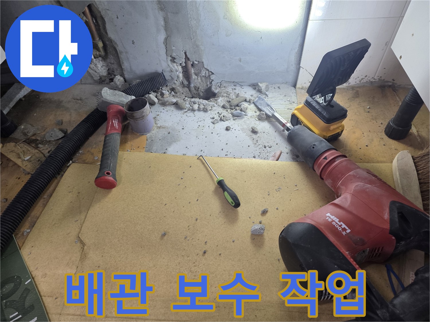 양천구 신정동 누수 현장 - 굴착 후 배관 상태를 확인하고 보수 작업을 진행하고 있습니다.