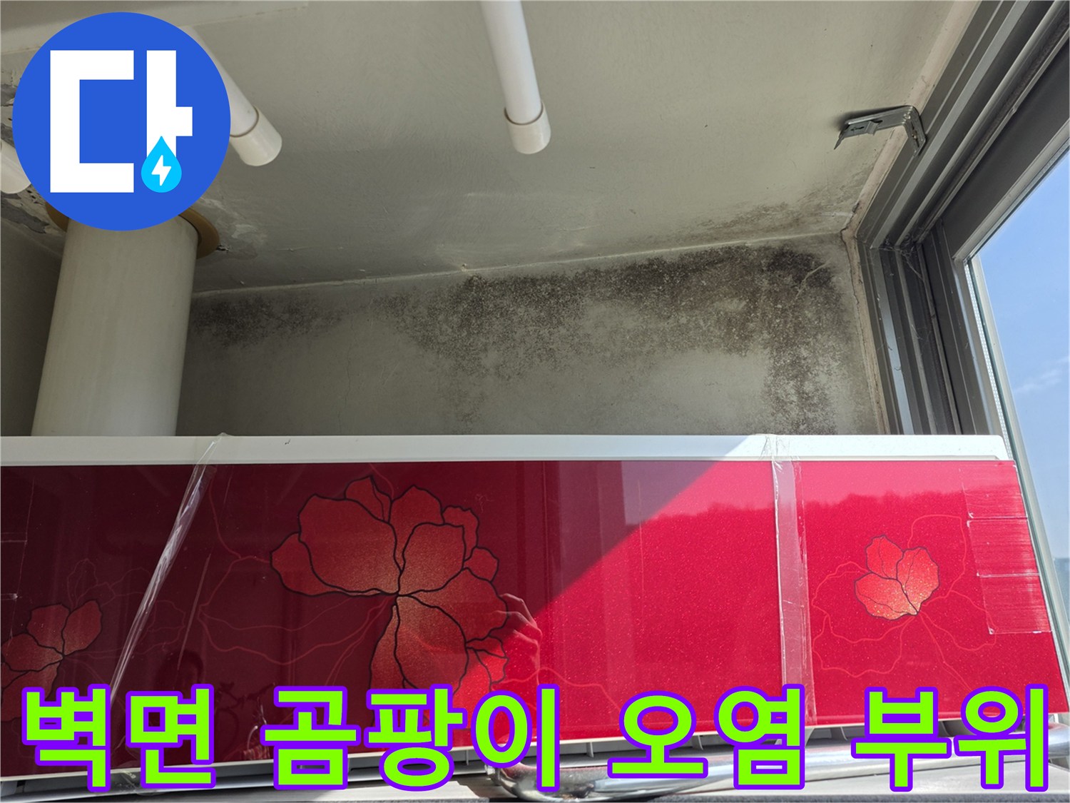 천장 하단 벽면-곰팡이로 인해 검게 변한 오염 부위 상세