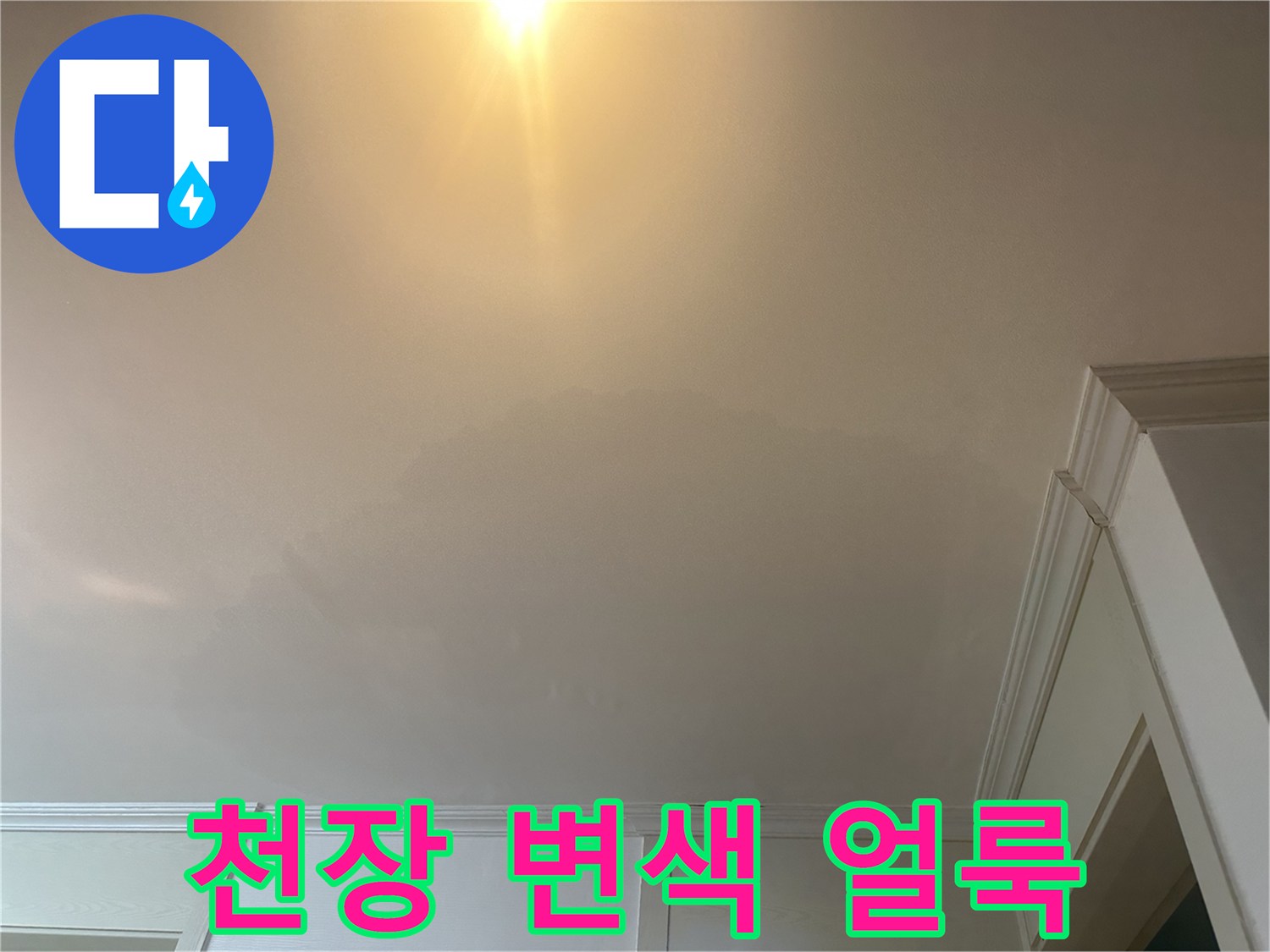 화장실 입구 천장의 넓은 물자국과 변색된 상태