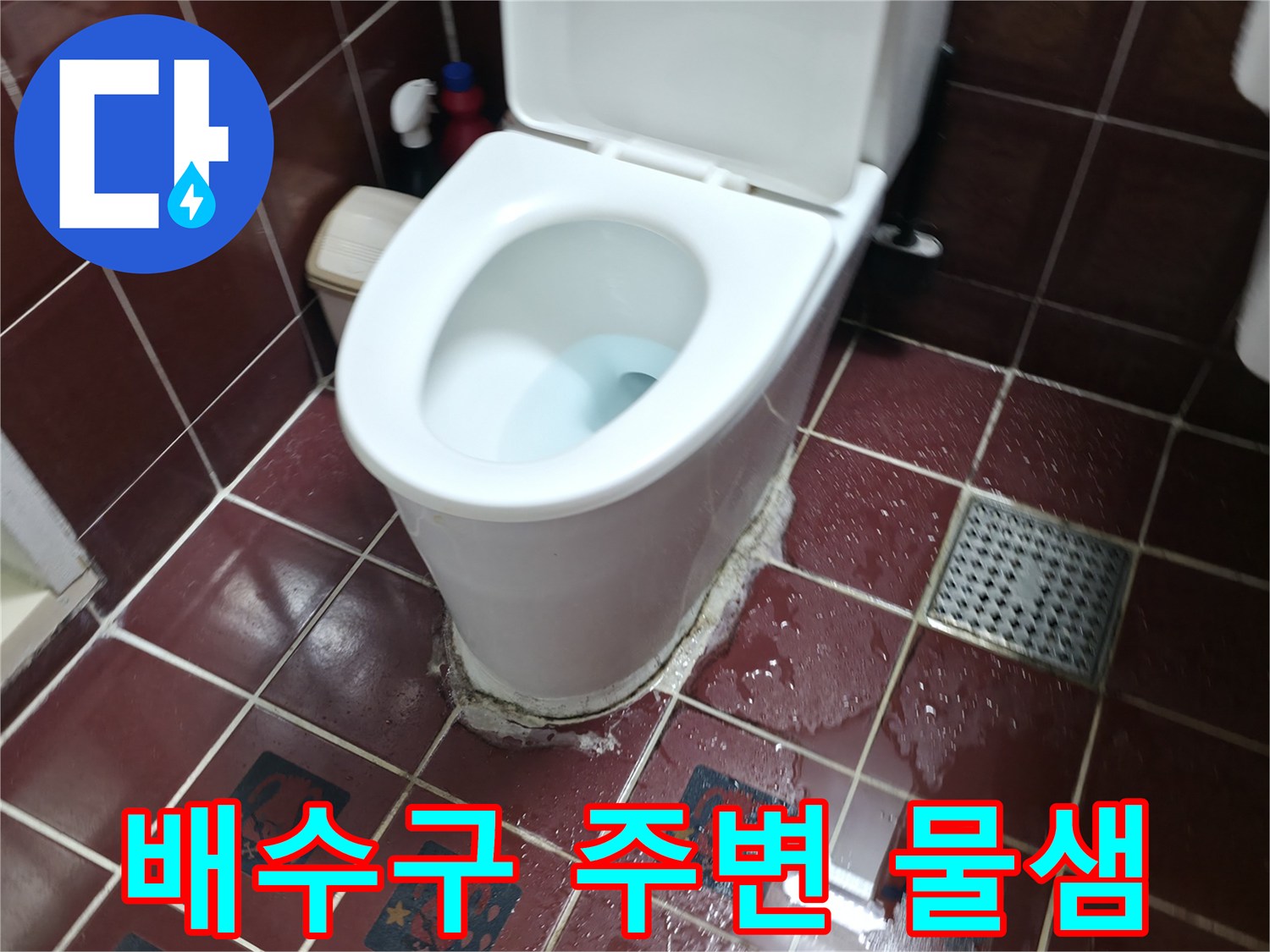 화장실 배수구와 변기 주변 타일 틈새에 습기가 가득한 모습