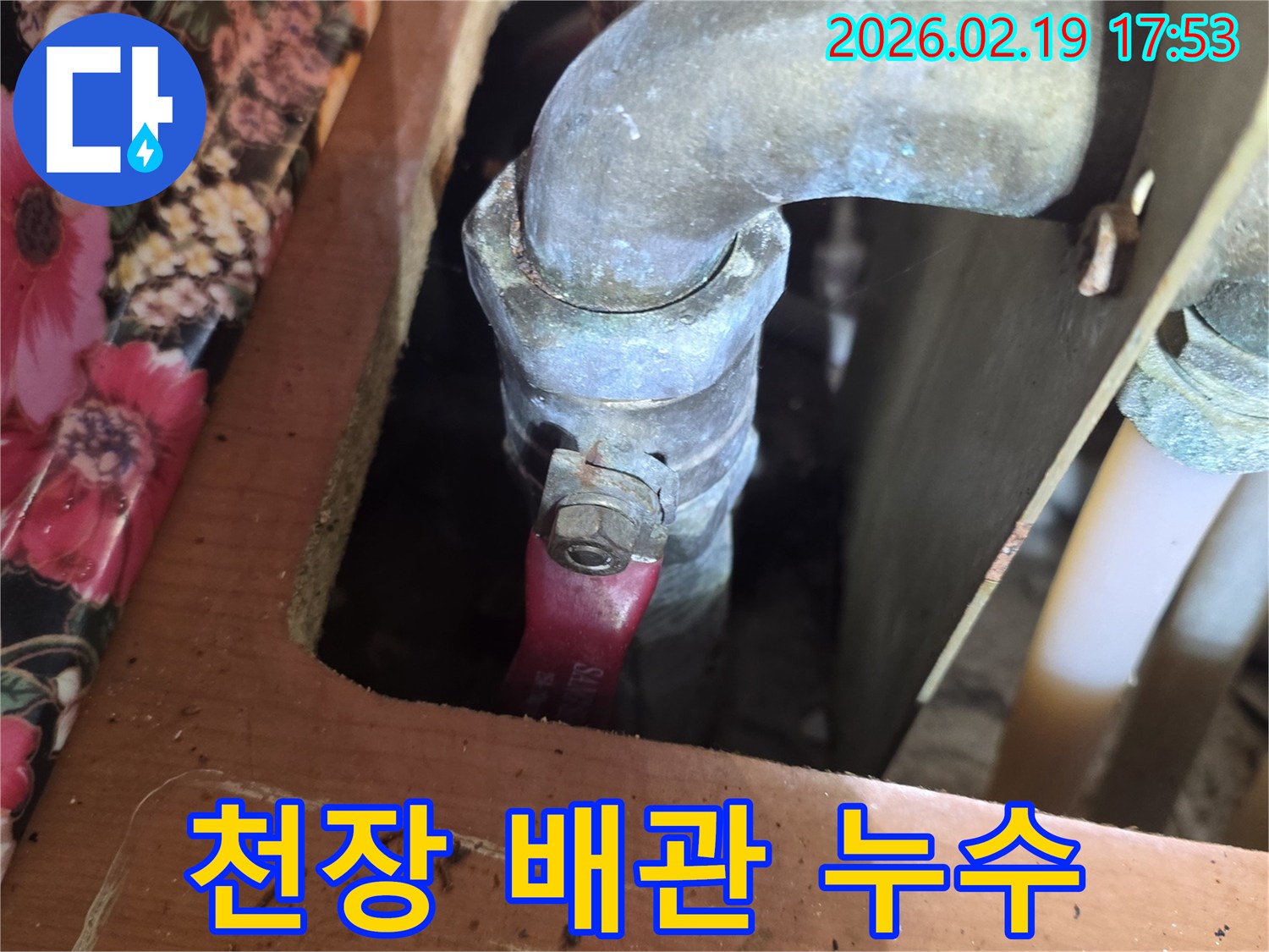 천장-속-배관의-오래된-수도-밸브-연결부에서-누수가-발생한-상황을-보여주는-사진입니다