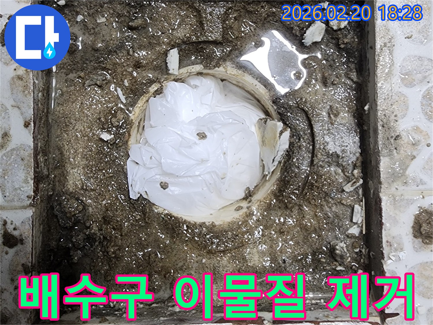 욕실 배수구에 가득 찬-하얀 이물질과 오염물을-제거하기 전의-현장 모습입니다.