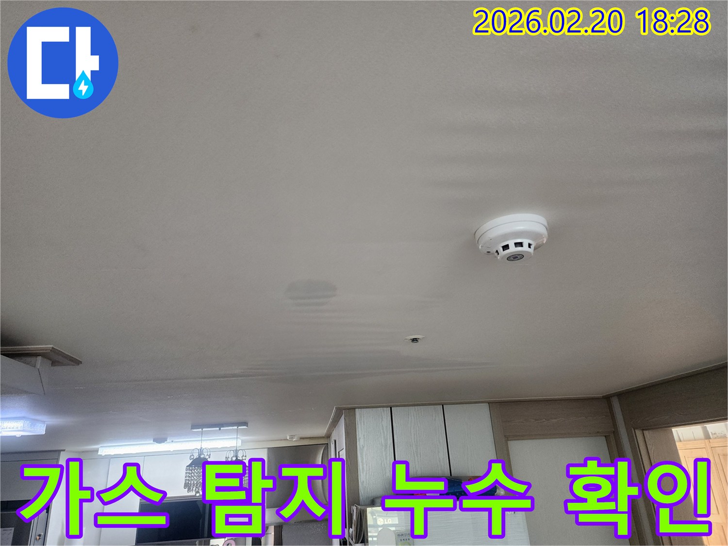 천장에 물이 새어 얼룩이 생긴 모습을 보여주는-누수 현장 사진으로-가스 탐지 전 상황을 나타냅니다