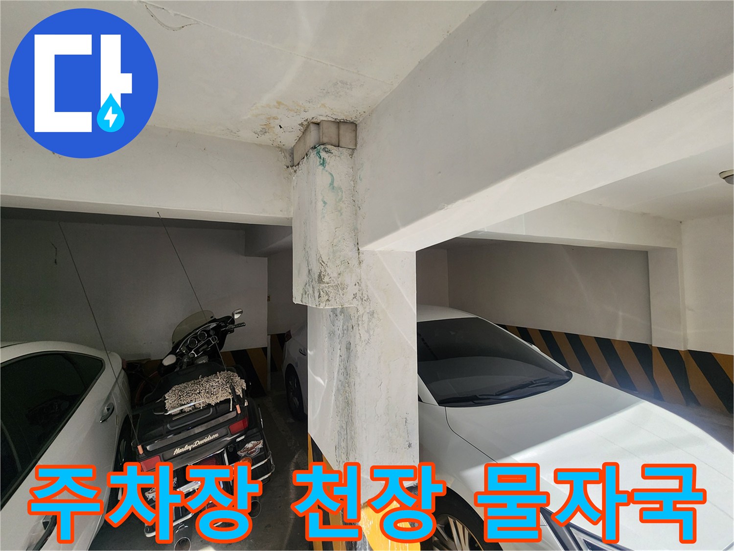 금천구 빌라-주차장 천장 기둥 부분의 누수 흔적과 얼룩