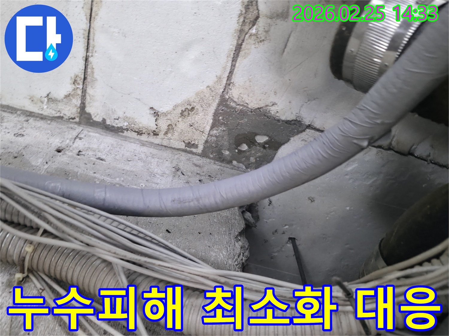 누수 엔지니어가-배관 주변의-습기 흔적과-콘크리트 손상을-확인하며-누수 피해를 최소화하기 위한-신속한 대응을 준비하는 모습