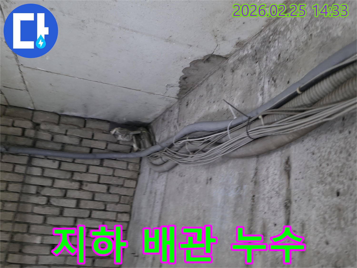 지하 벽면의-콘크리트와-벽돌 벽이 만나는-지점에서-발견된-오랜 누수로 인한-물자국과-주변의 복잡한 배관
