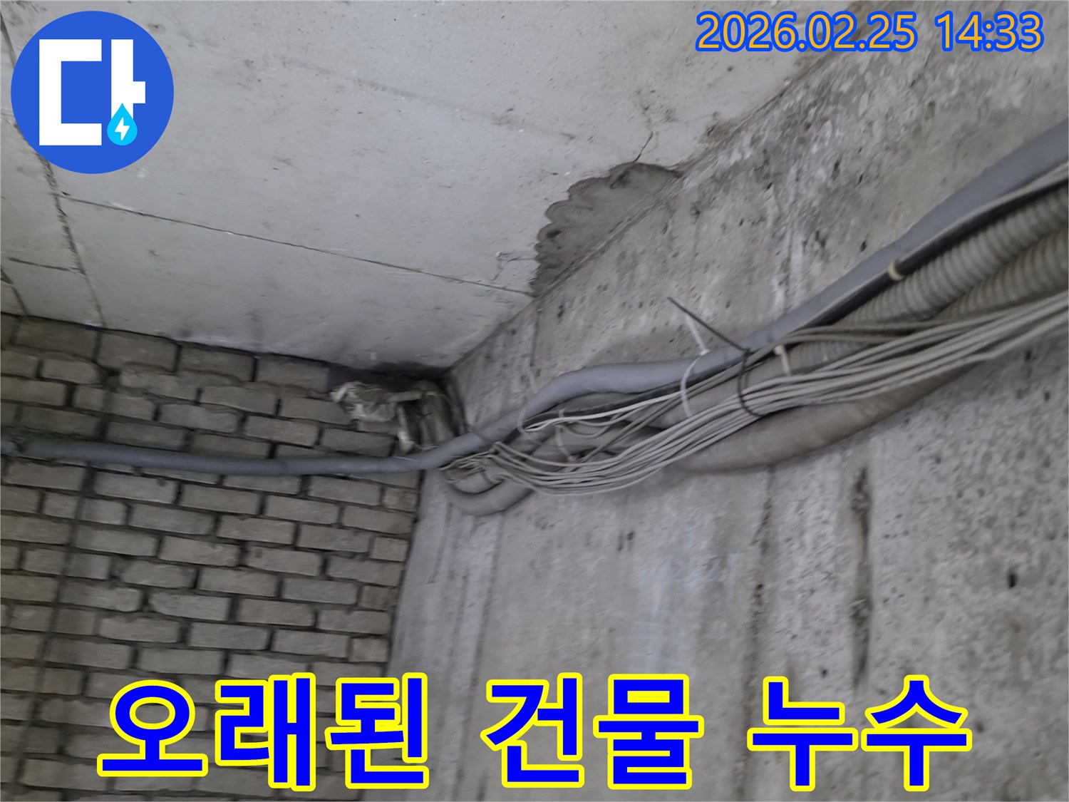 지하 벽면의-콘크리트와-벽돌 벽이 만나는-지점에서-발견된-오랜 누수로 인한-물자국과-주변의 복잡한 배관