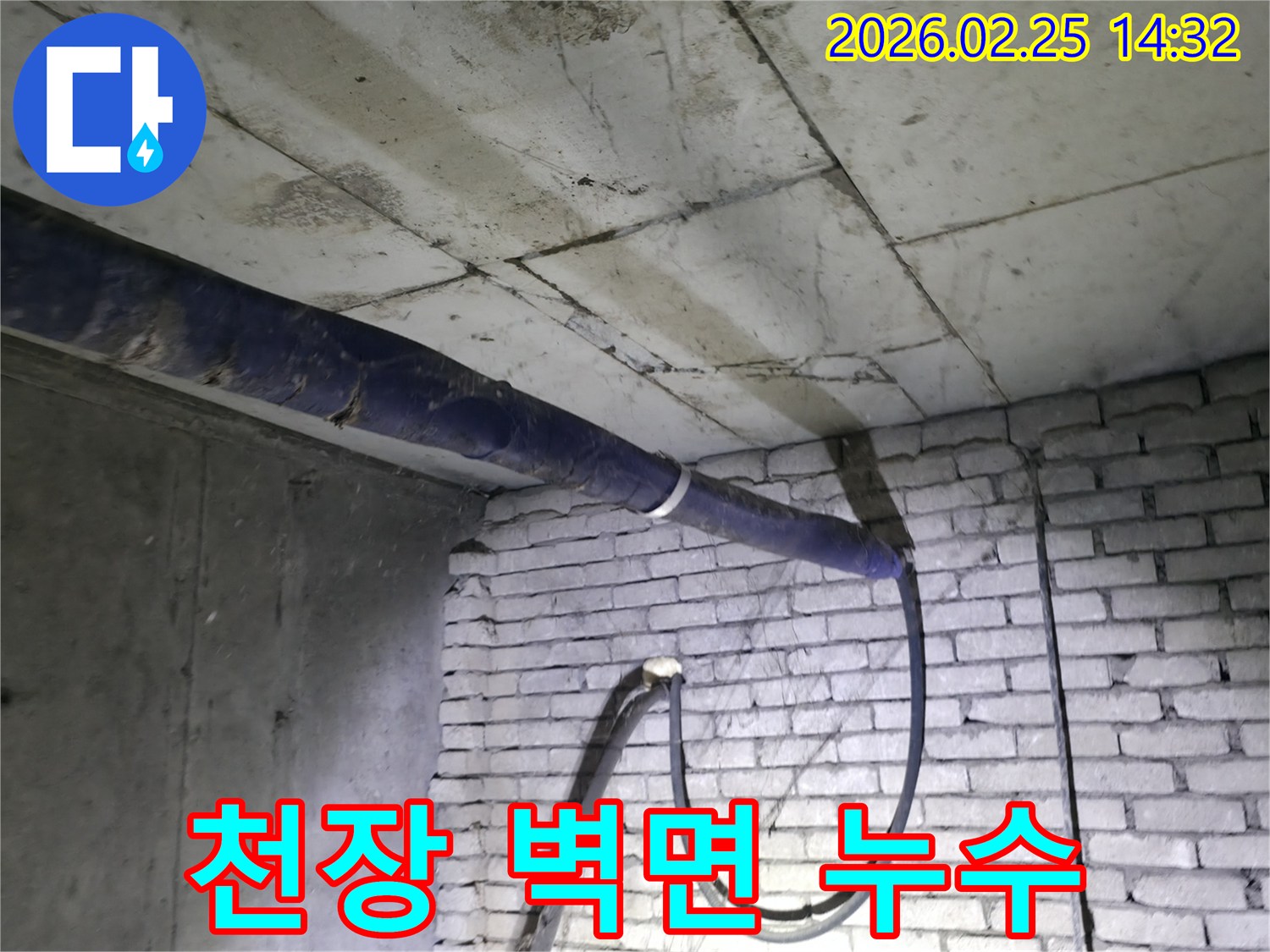 지하 천장과 벽면의-접합부에서 발생한-누수 현상을-전문가가 꼼꼼히 확인하며-원인을 파악하는 모습