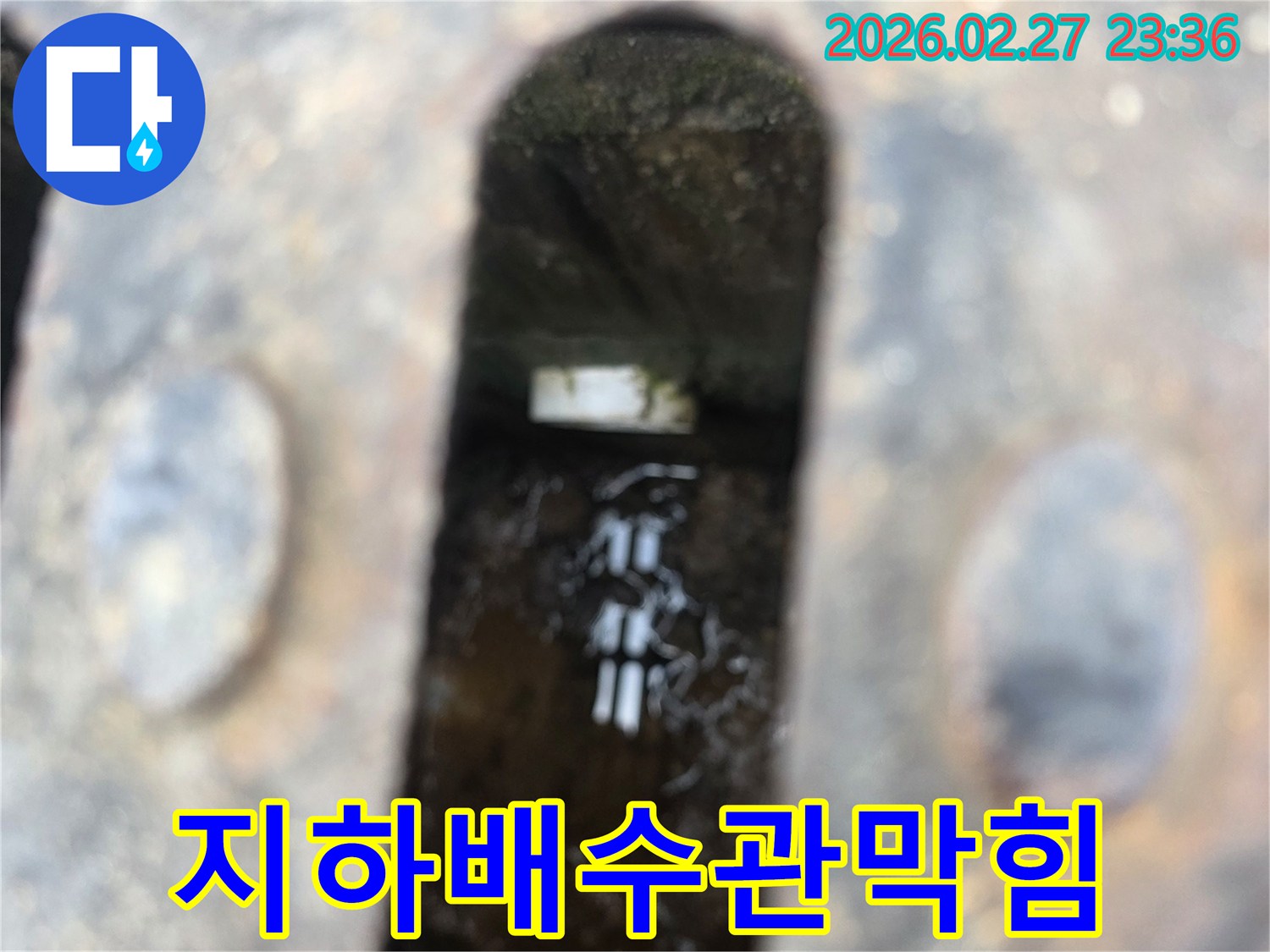 녹슨-철제-배수구-아래-고인-물과-물속에-잠긴-배관-일부가-보이는-배수관-막힘-현장