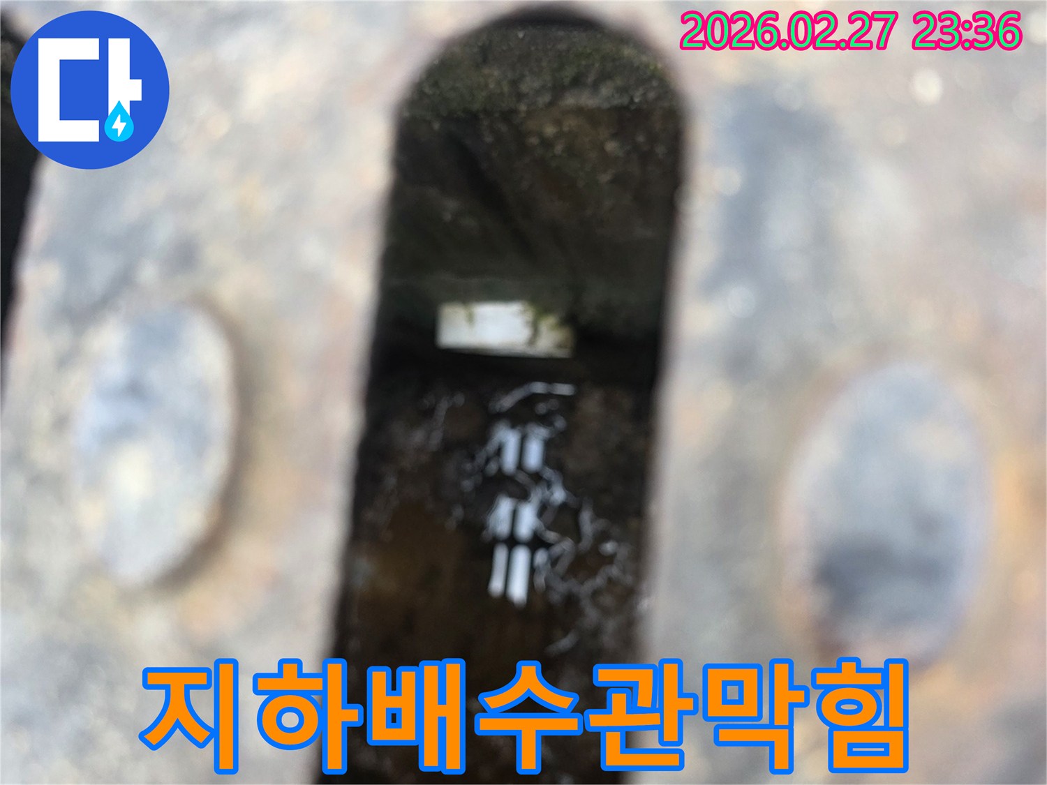 녹슨-철제-배수구-아래-고인-물과-물속에-잠긴-배관-일부가-보이는-배수관-막힘-현장