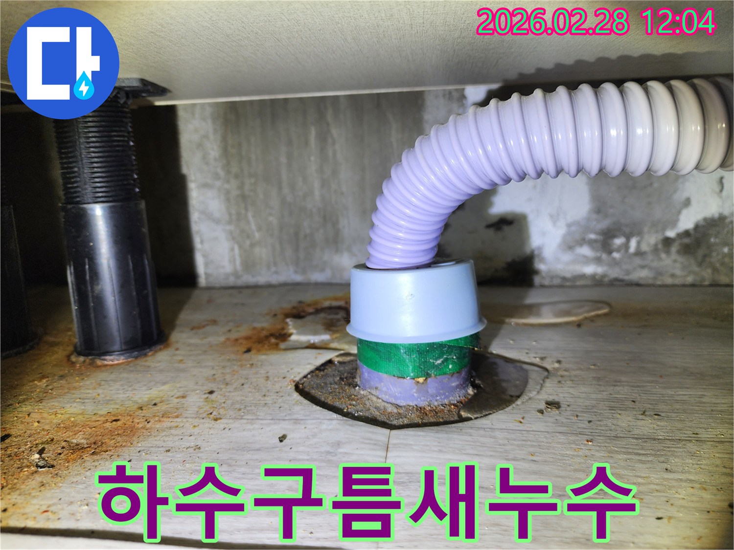 하수구-배관과-바닥 사이의-틈새에서-물이-새어-나와-손상된-모습입니다.