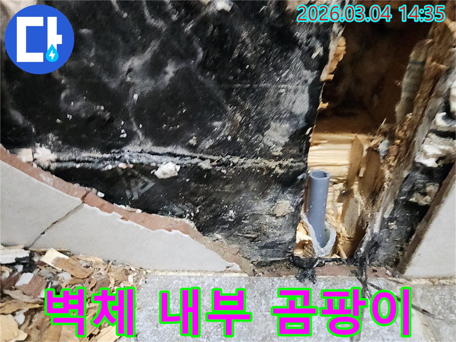 벽체 내부의 심각한 곰팡이와-누수로 인한 손상된 배관의 모습입니다