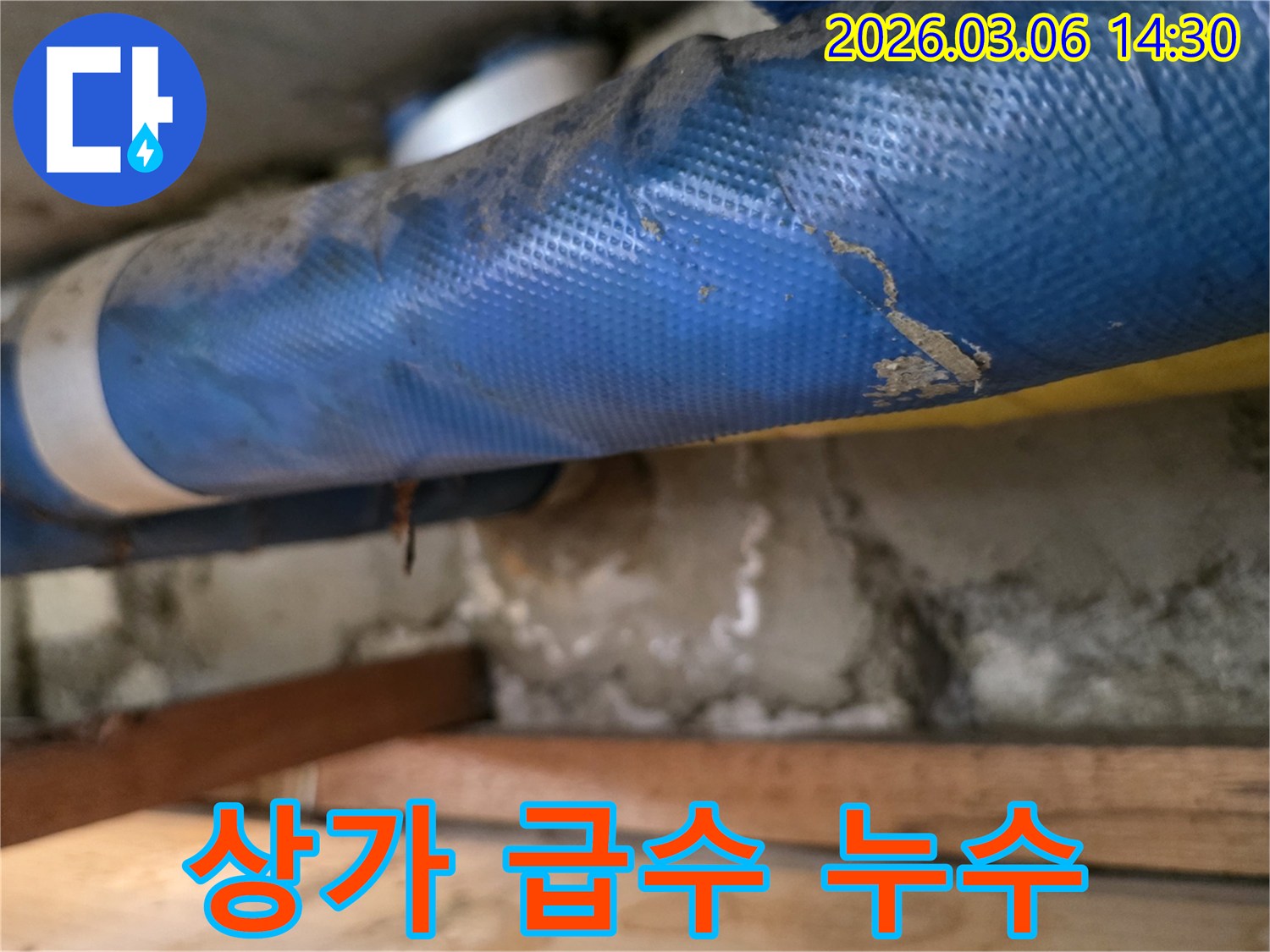 상가 건물 내부-파란색 급수 배관과-젖은 콘크리트 벽면-그리고 나무 지지대를-정밀하게 점검하는 모습