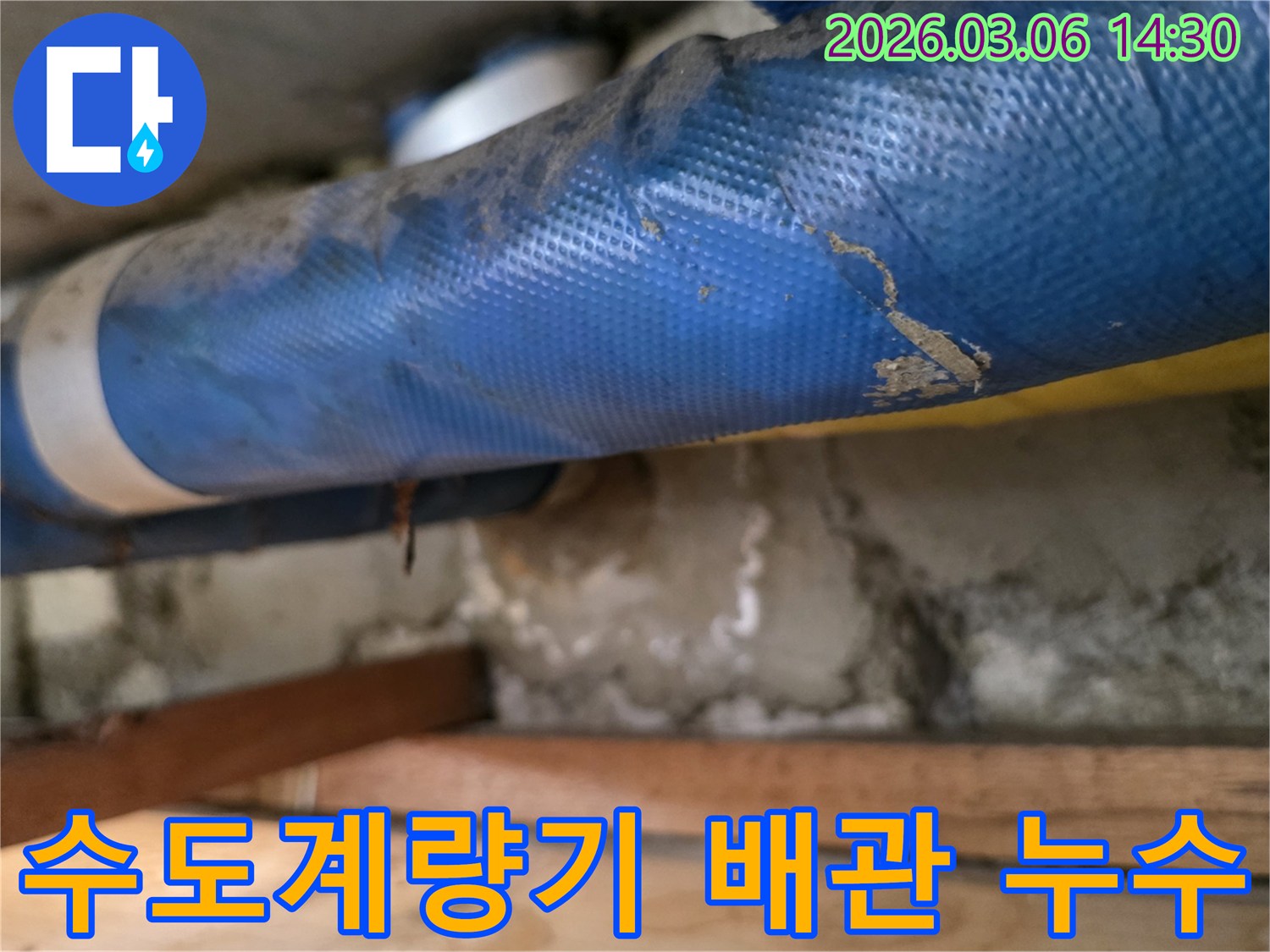 아파트 내부-파란색 수도 배관과-젖은 콘크리트 벽면-그리고 나무 지지대를-정밀하게 점검하는 모습