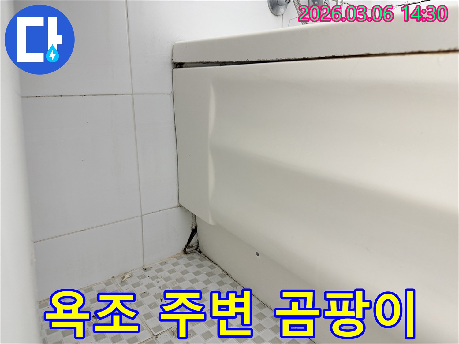 욕조 주변의 검은 곰팡이-벽면 타일의 얼룩-욕조 패널의 손상-바닥 타일의 오염
