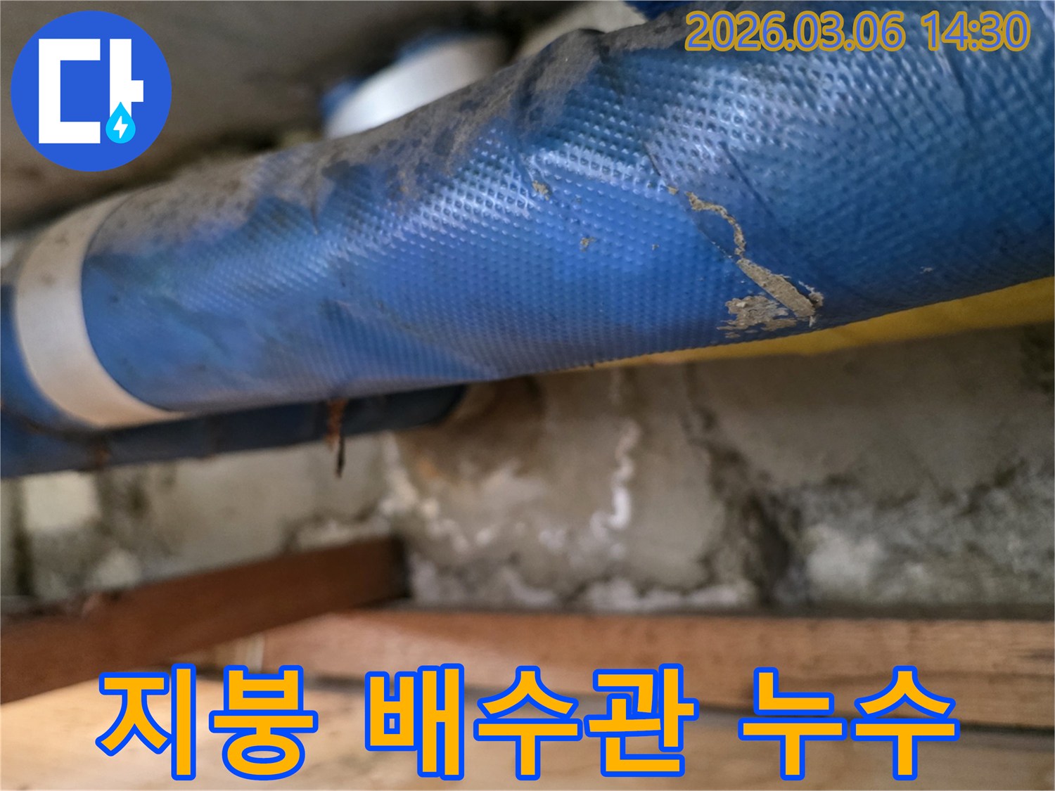 주택 지붕 하부-파란색 배수관과-젖은 콘크리트 벽면-그리고 나무 지지대를-꼼꼼히 점검하는 모습