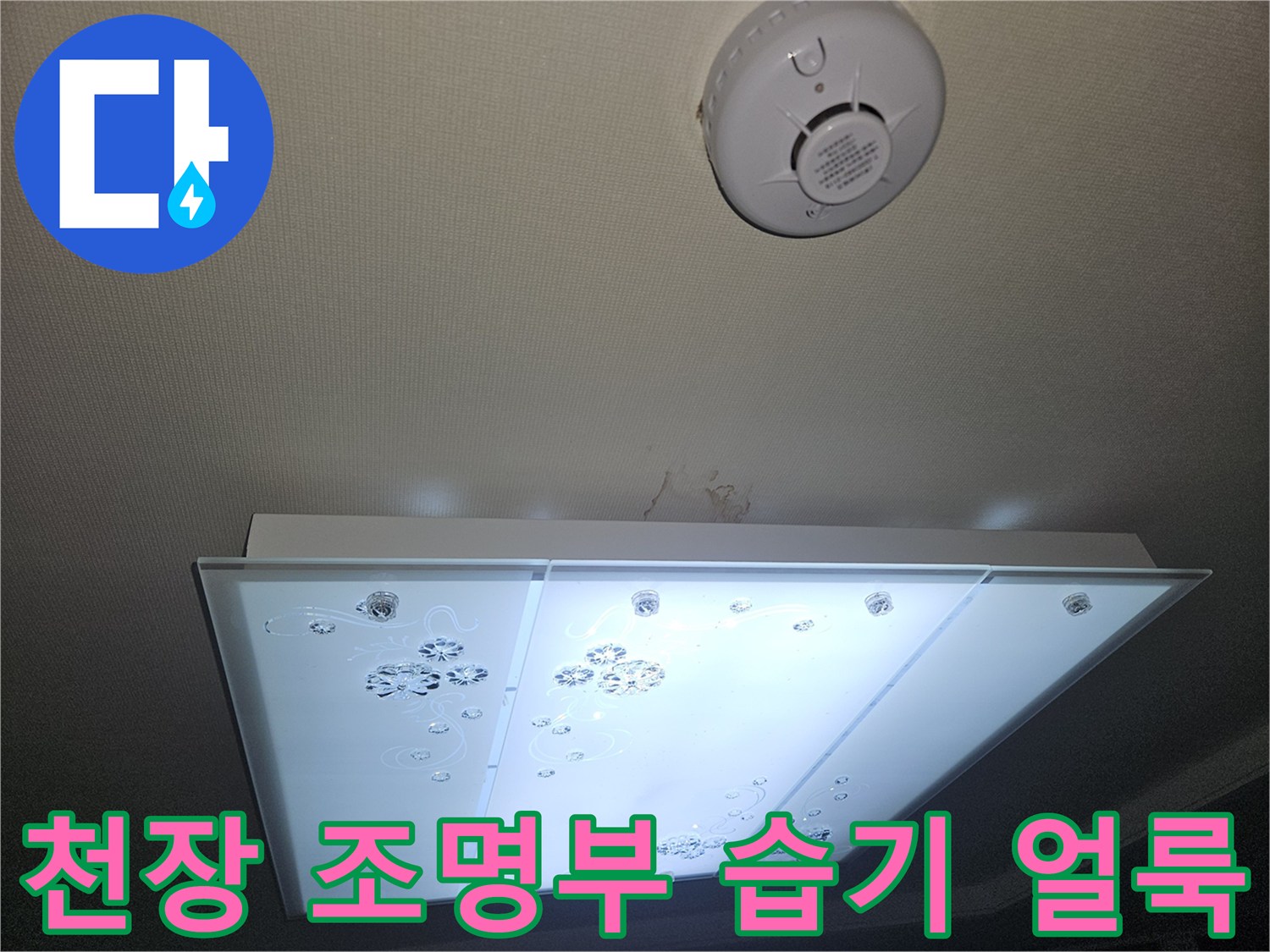 거실 천장 조명 주변의 수분 침투 흔적과 변색 상태