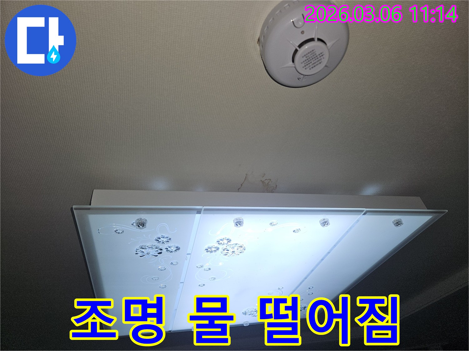 천장 조명 주변에서 물이 떨어지는 현상으로-누수 전문가가 긴급하게 현장을 방문하여 상황을 파악하는 모습