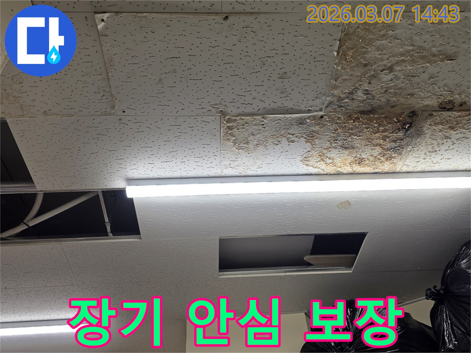 누수로-손상된-천장 텍스-현장을-전문가가-진단하고-수리하여-장기적인-안심을-보장하는-모습을-연상시키는-사진입니다