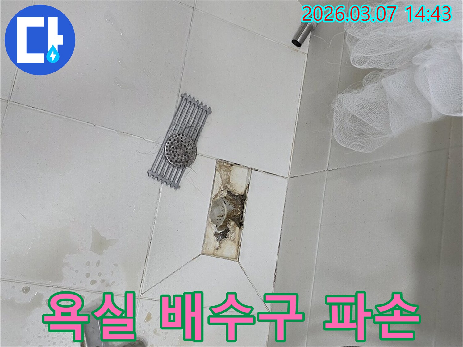 타일 아래에-물이 고여있어-시멘트가 부식된-누수 현장의-일부입니다