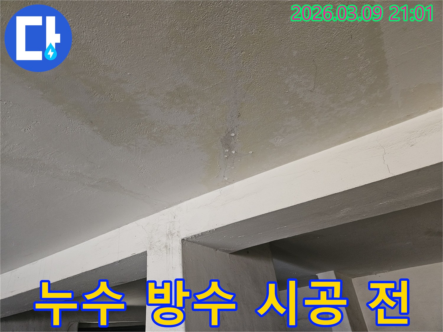 콘크리트 천장에서-물이 새어-얼룩지고-물방울이 맺힌-누수 현장을-방수 시공-전에-확인하는-모습입니다.