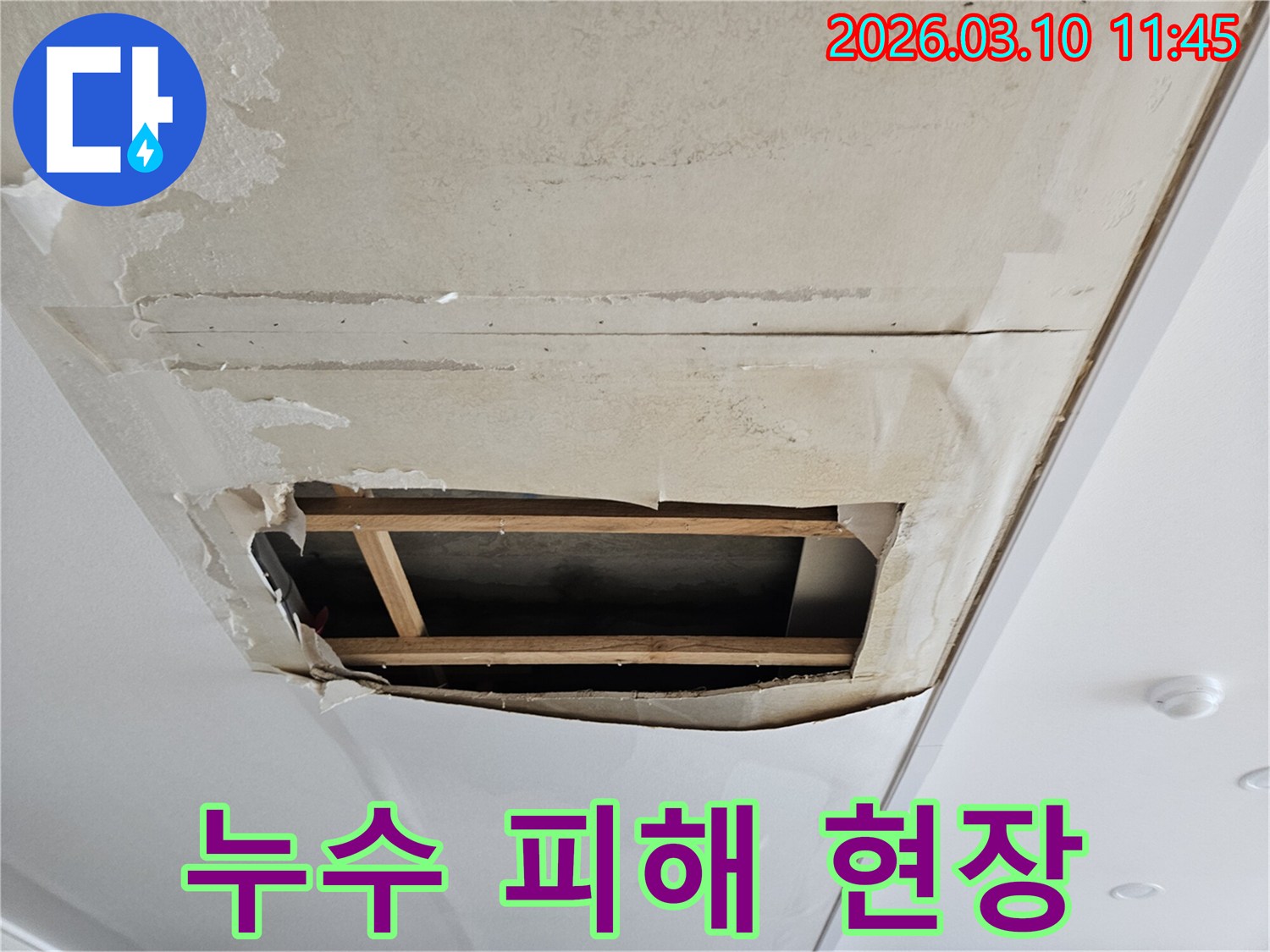 물이 스며들어-벽지가 부풀어 오르고-일부가 찢어져-천장 속 공간이-보이는 누수 현장입니다.