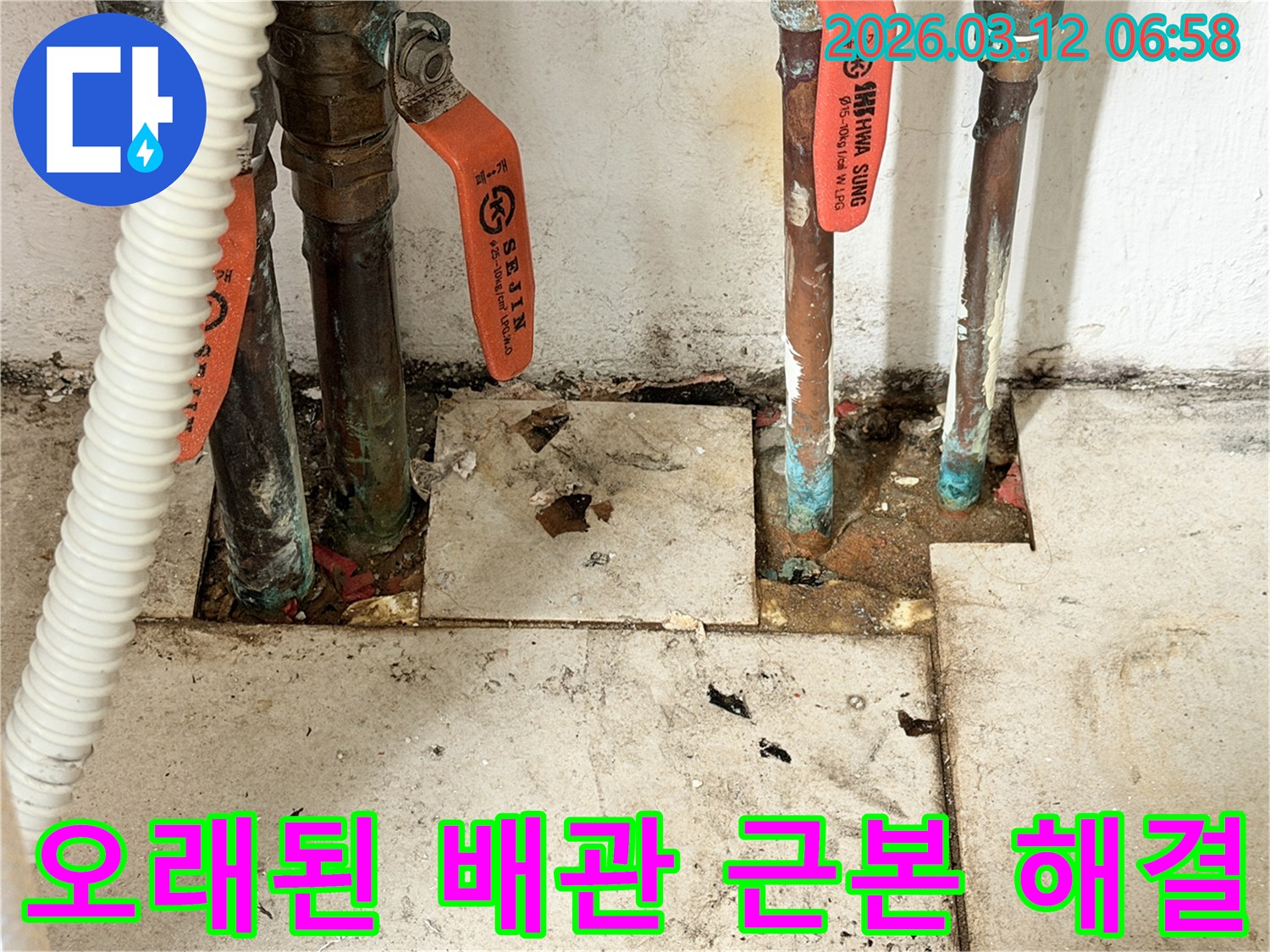 누수-엔지니어가-확인한-배관-주변의-지속적인-물샘-현상과-배관-교체-모습