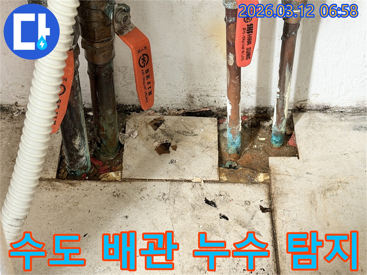 오래된-배관에서-발생한-누수-현장의-타일-손상-모습과-탐지-과정