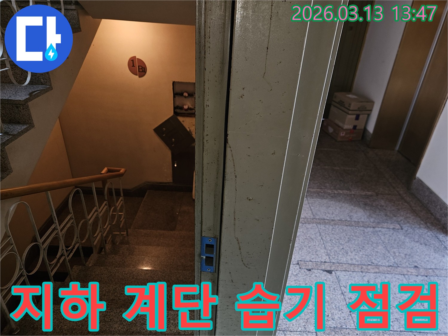 아파트-지하-계단-입구의-벽면과-문틀-주변을-초기-현장-점검하며-습기-문제를-진단하는-모습