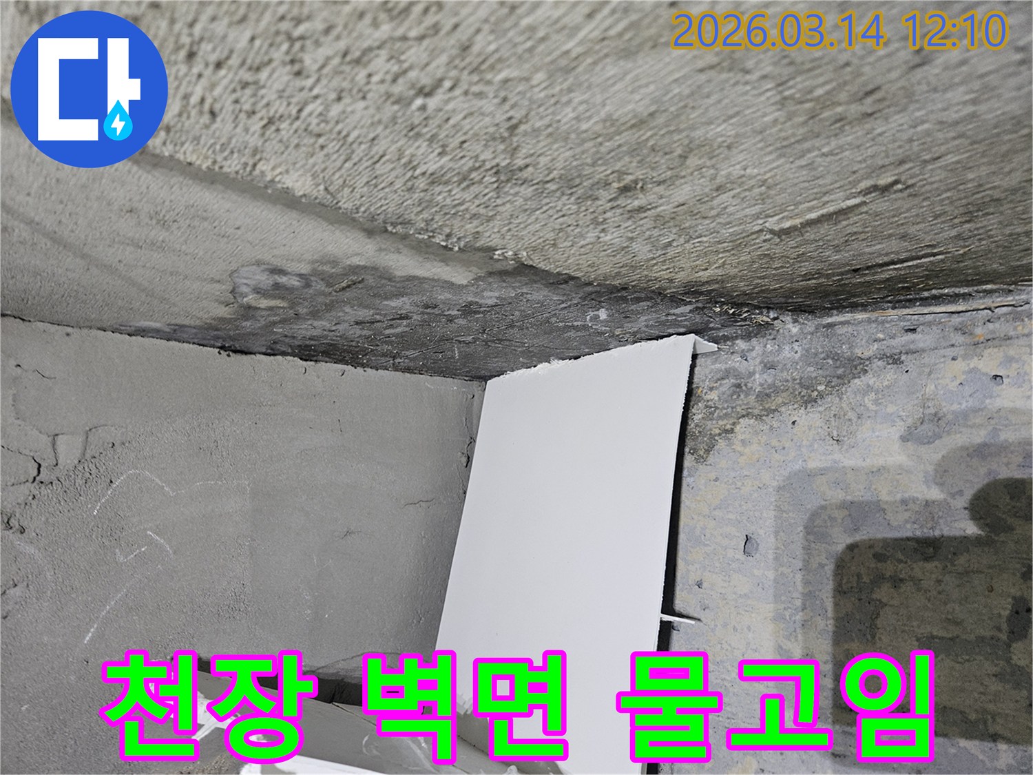 천장과-벽면의-접합부에서-발견된-물고임-현상을-보여주는-누수 진단-사진