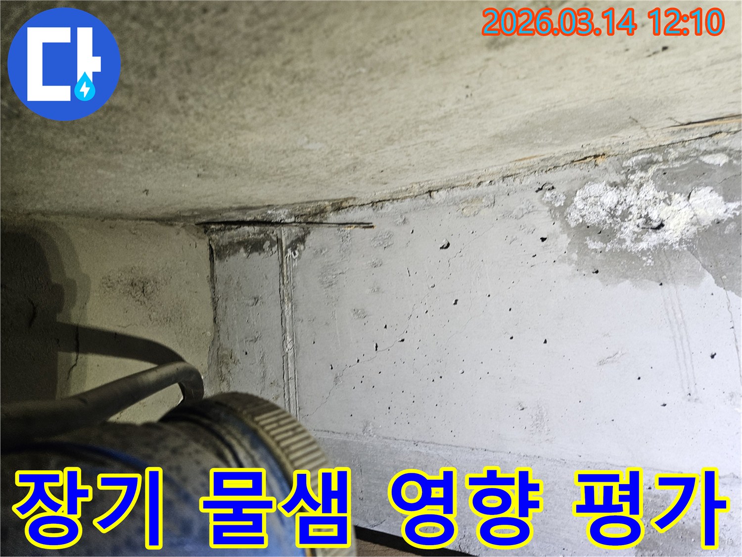 콘크리트 구조물에-장기간 물샘으로 인해 발생한-피해와 영향을-정밀하게 평가하는 현장 사진