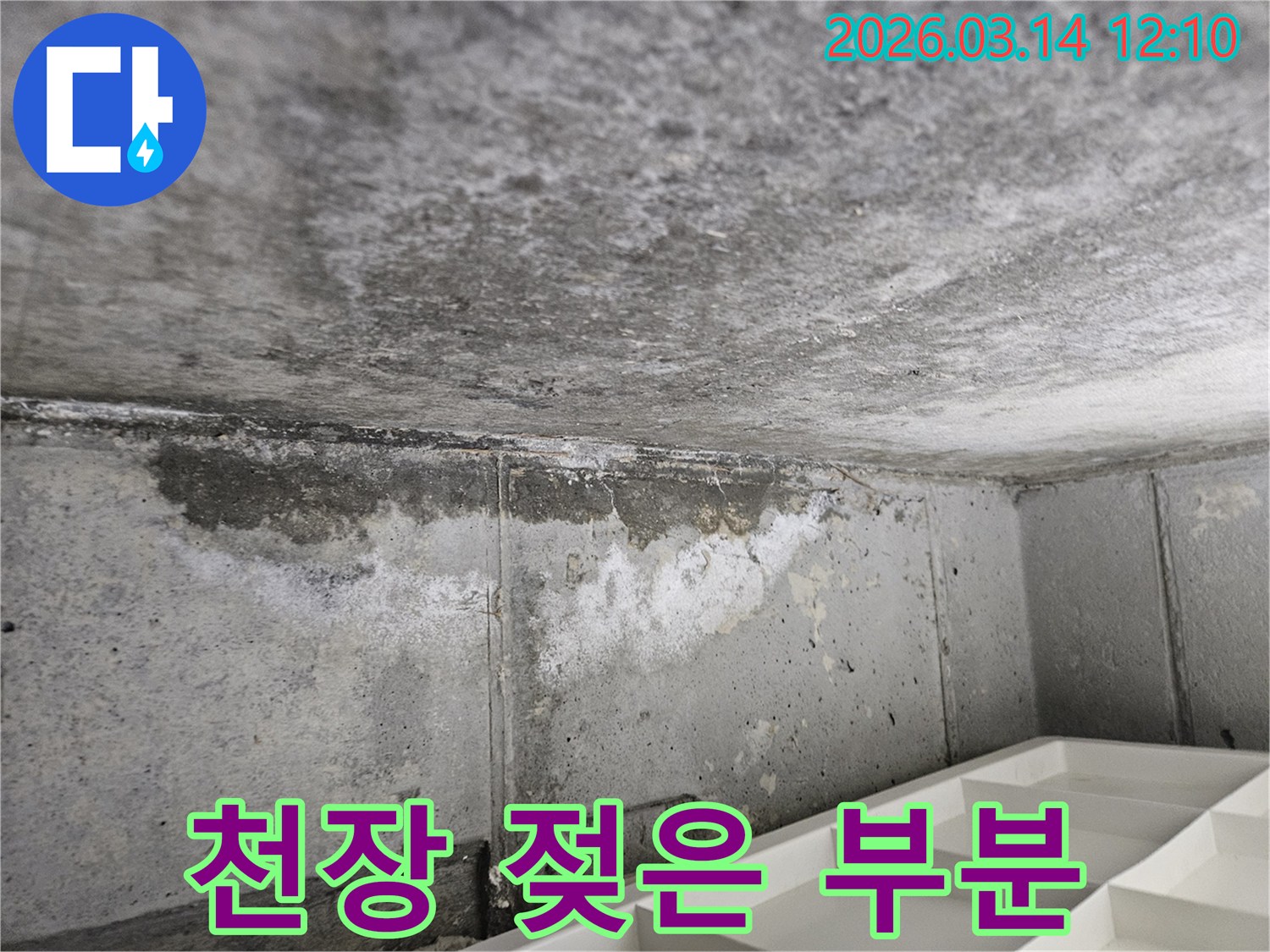 콘크리트-천장과-벽면-경계에서-발생한-온수-누수로-인한-물기-침투와-변색