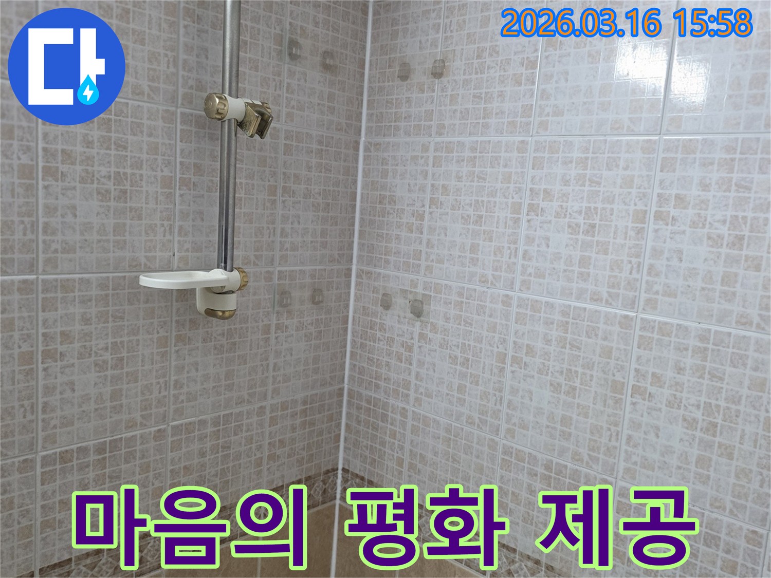욕실 천장 타일에 물이 새어 생긴-얼룩을 전문적으로 해결하여-고객에게 마음의 평화를 제공하는 모습