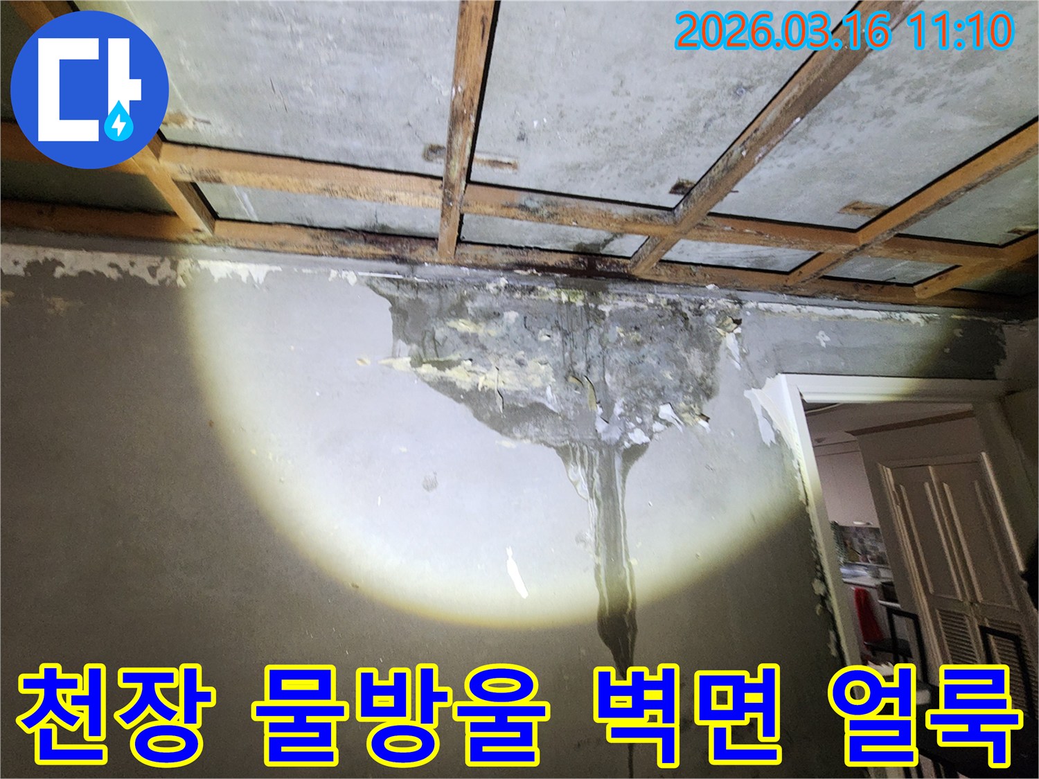 천장에서 물방울이 떨어지고-벽면에 얼룩이 생긴-다세대주택 누수 현장