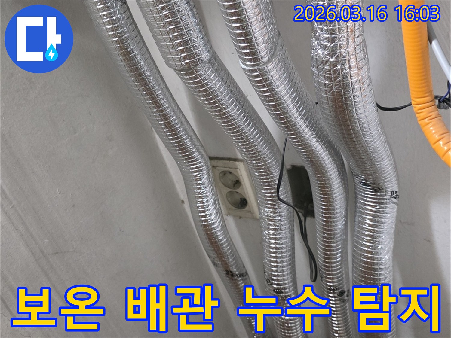 누수 전문 엔지니어가-천장에 설치된 보온 배관을-정밀하게 점검하는 모습입니다.