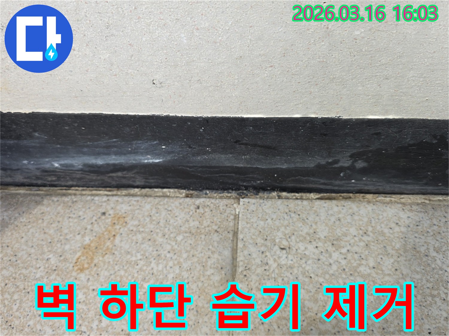 벽 하단부 걸레받이에 나타난 하얀 백화현상은 물이 스며들고 있다는 명백한 증거입니다