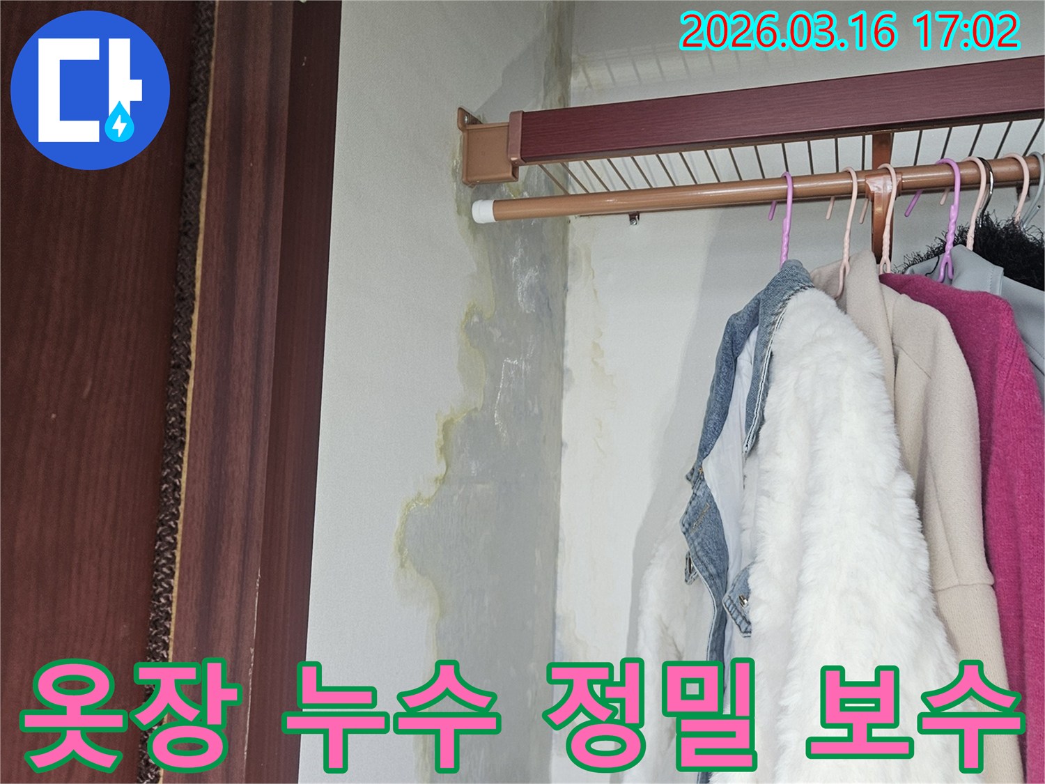 옷장 내부 벽면과 바닥에-누수로 인한-물자국과-변색이-발견된 현장 모습