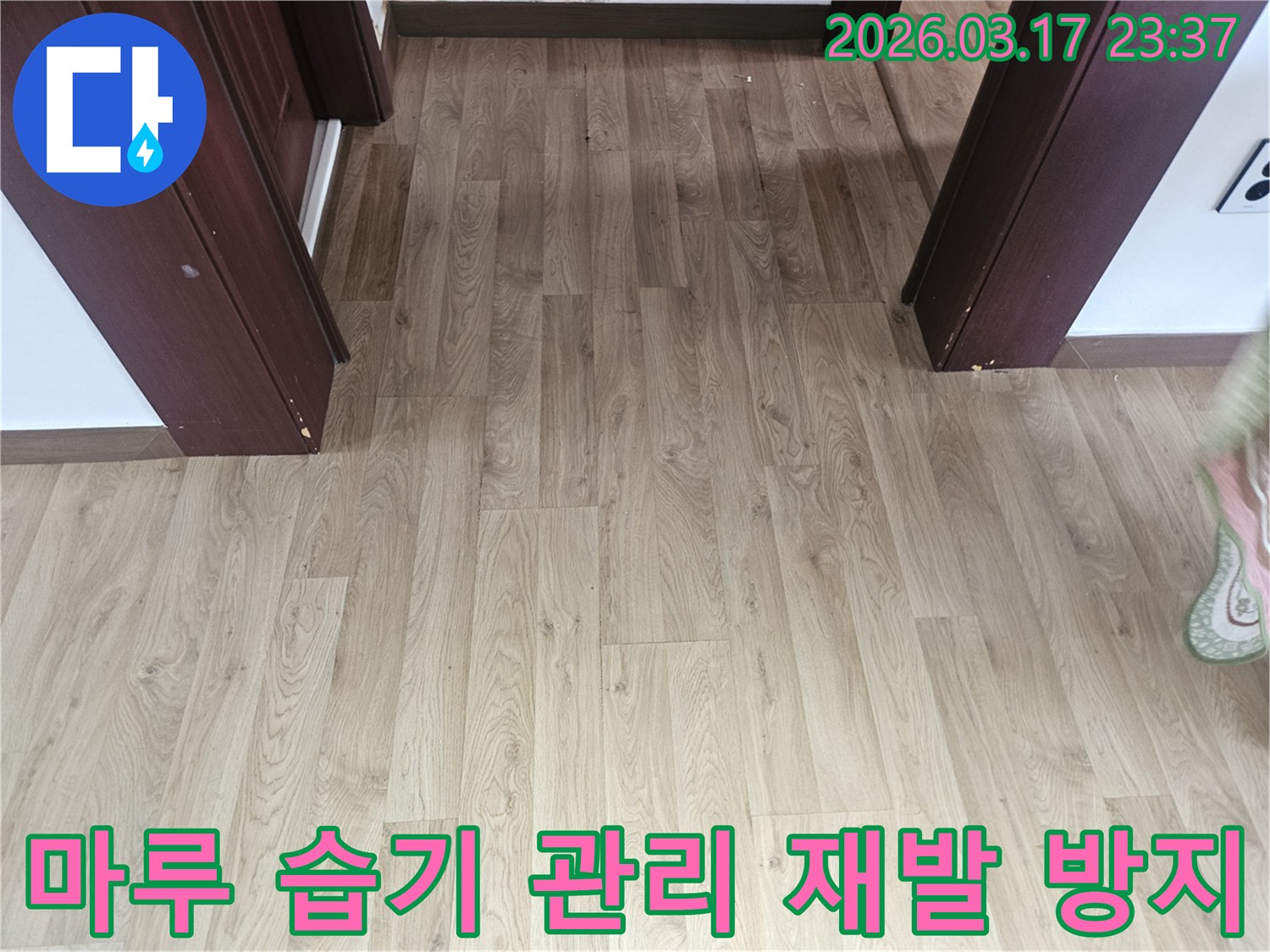 누수 발생 후-바닥 마루의 습기를 관리하고-장기적인 유지보수를 위한-점검 과정을 보여주는 사진입니다.