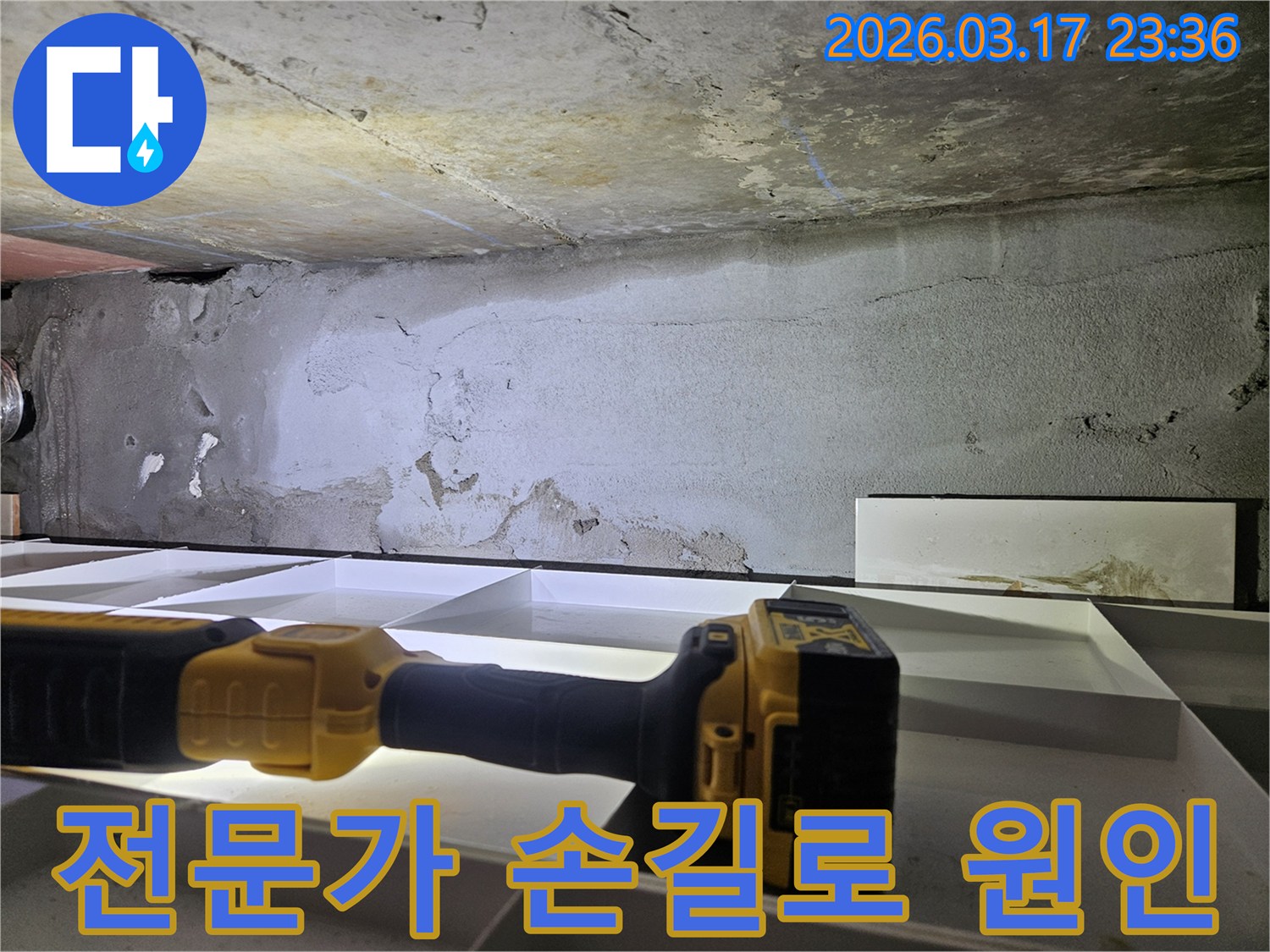 누수 전문 엔지니어가-숙련된 손길로 플래시를 들고-천장 누수의 원인을-정밀하게 찾아내고 있습니다.