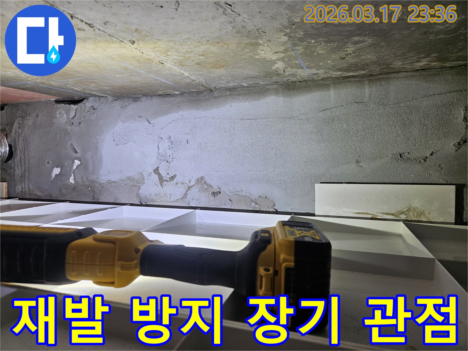 누수 전문 엔지니어가-천장 누수의 재발을 방지하기 위해-장기적인 관점에서-플래시로 현장을 정밀 진단하고 있습니다.