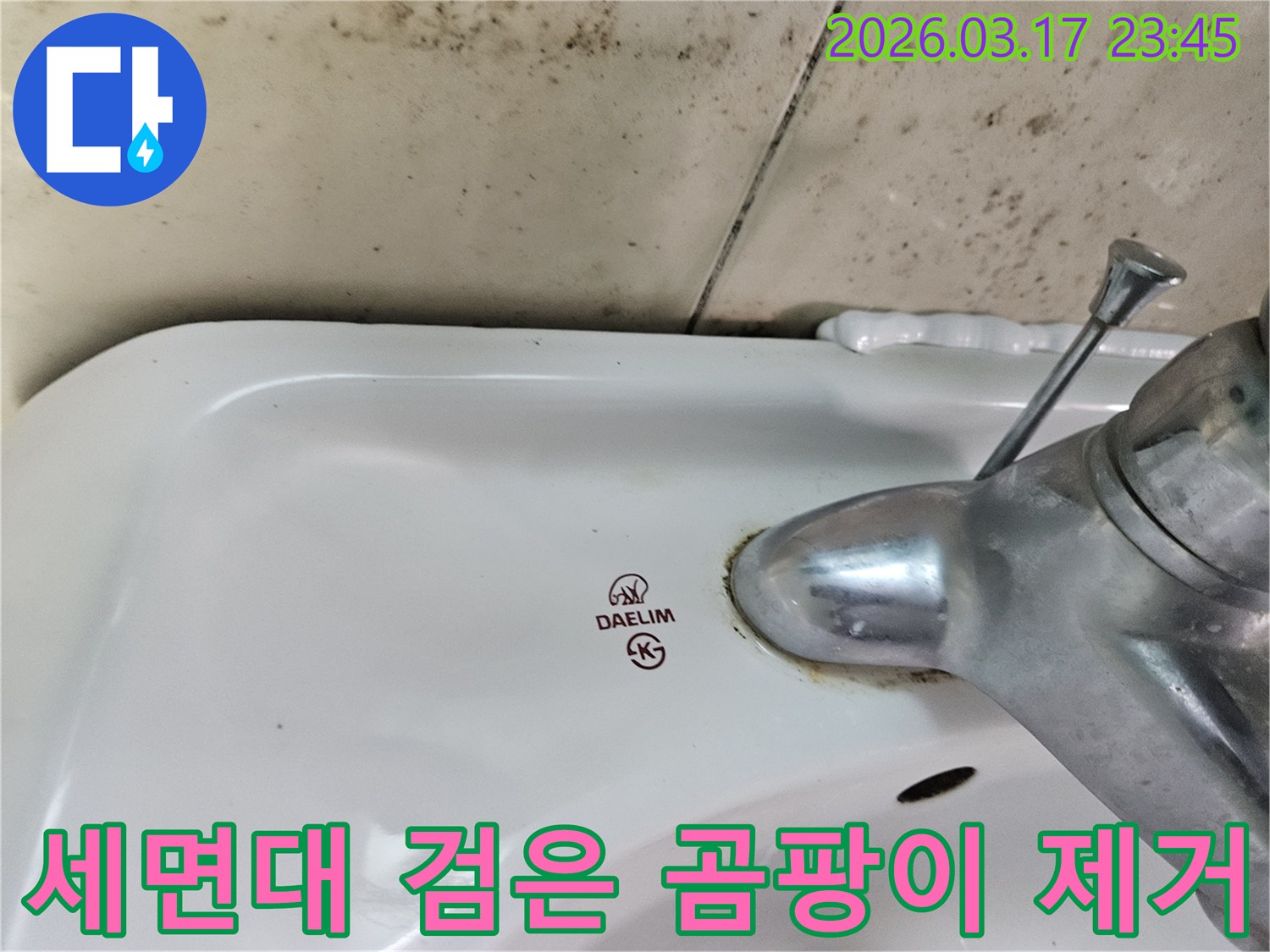 대림 세면대 수도꼭지 주변의 물때와-벽면에 넓게 번진 검은 곰팡이가-전문적인 제거가 필요한 누수 현장을 보여줍니다.