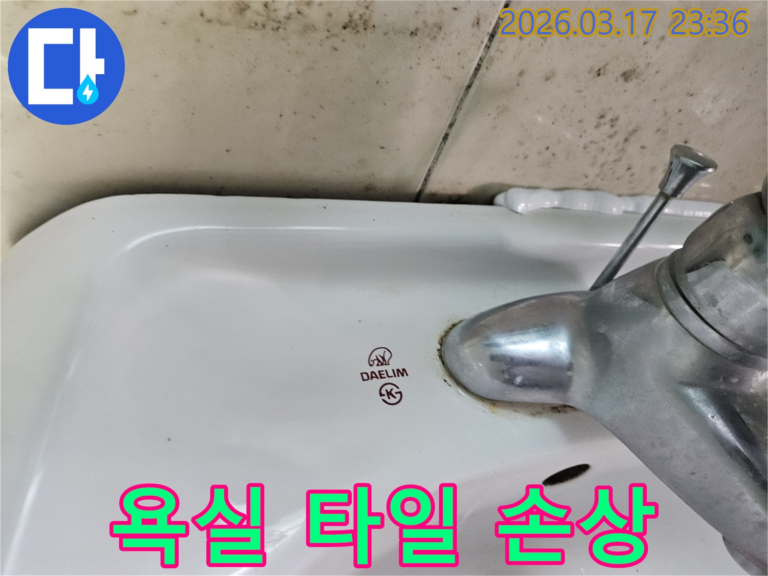 세면대 뒤편 벽타일에- 심하게 번식한 곰팡이가- 욕실 타일의 손상을- 시사하며 보수 작업의- 필요성을 보여줍니다